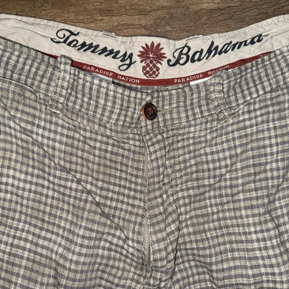 Tommy Bahama Men Weekend Shorts 33 Linen Tan Plaid Woven Beach Tropical